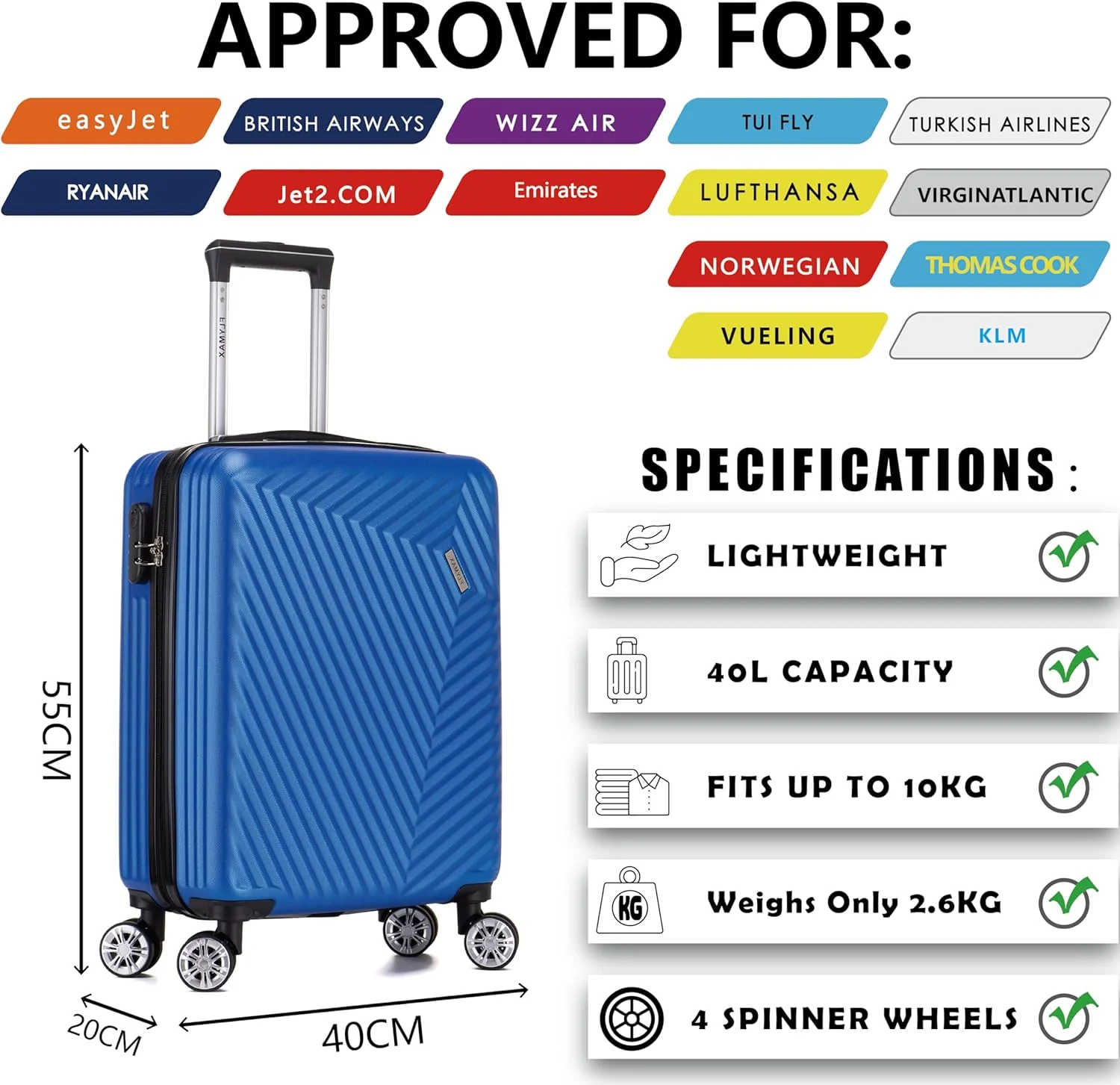 Flymax Mumbai Fortress Lightweight Cabin Luggage 55X40X20 Ryanair. - Image 5